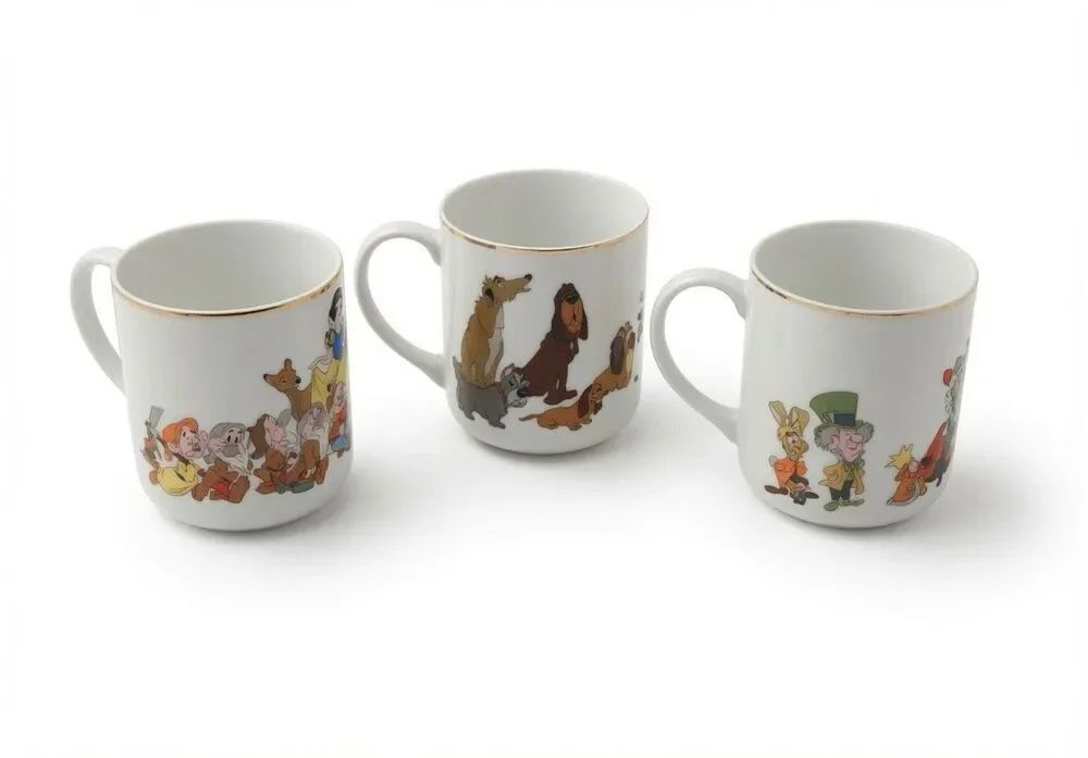 Walt Disney Productions Alice Mickey Snow White Jungle Book Mug Vintage Lot of 3